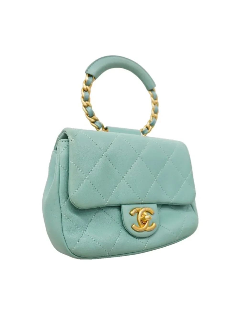 Chanel Handbag Quilted Top Handle Lambskin Light Blue Gold 2-Way